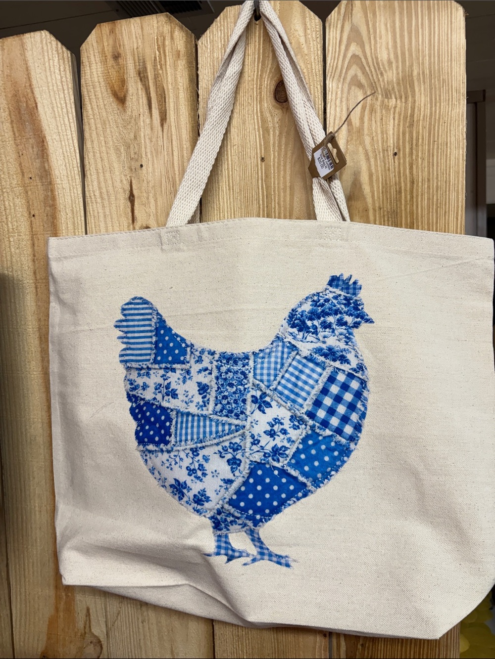 Blue Patchwork Chicken Canvas Tote - Neutral cottage core tote Bag